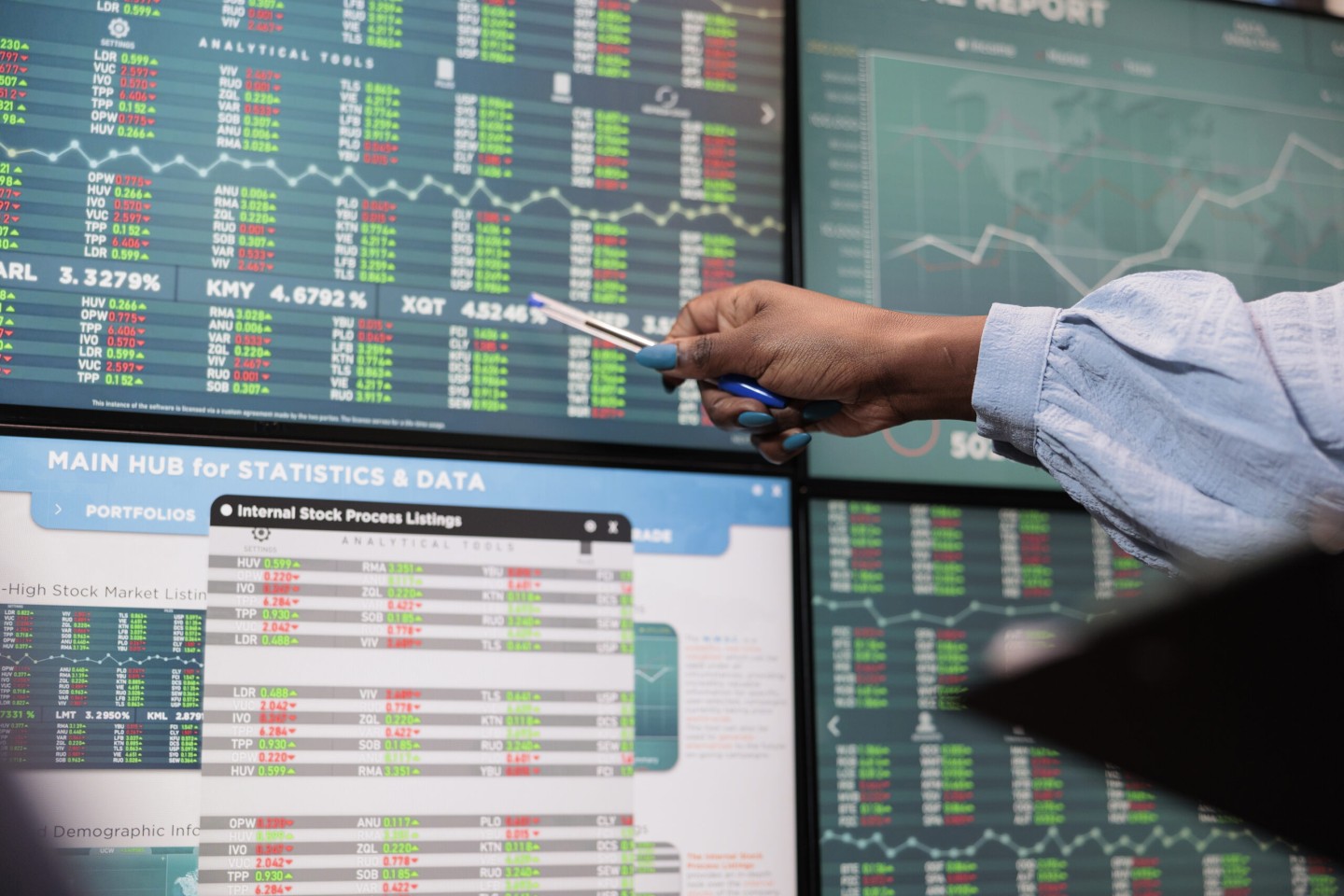 Close up shot of brokerage company employee indicating on display real time profit growth and market trend. Hedge fund agency trader pointing out positive market trend on professional display. Close up shot of brokerage company employee indicating on display real time profit growth and market trend.